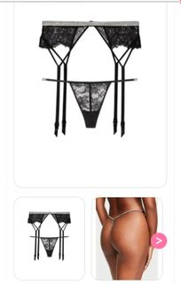 Shine Chain Strap Lace Garter Belt Black V-String Set