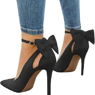 PiePieBuy Zapatos de tacón alto y puntera puntiaguda para mujer, estilo D'Orsay con correa en el tobillo, para bodas, sandalias para vestido con lazo trasero